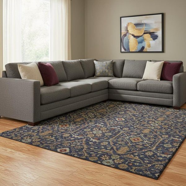 HomeRoots 8' X 10' Navy Blue, Gold & Copper Oriental Area Rug - Washable, UV-Protected & Family-Friendly Design 685476