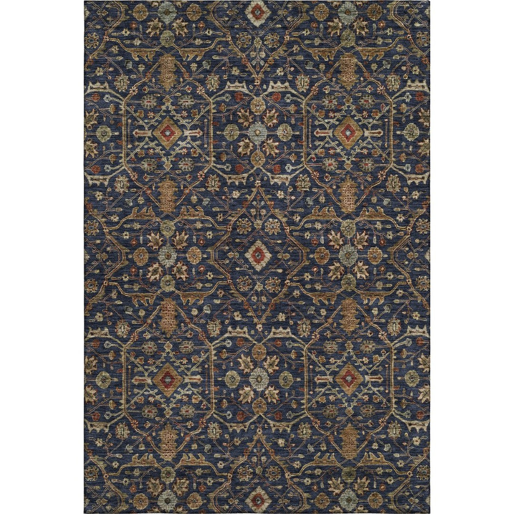 HomeRoots 8' X 10' Navy Blue, Gold & Copper Oriental Area Rug - Washable, UV-Protected & Family-Friendly Design 685476