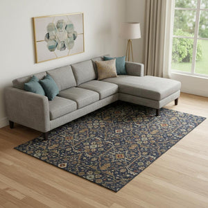HomeRoots 9' X 12' Navy Blue, Gold & Copper Oriental Area Rug - Washable, UV Protected, Stain Resistant Design 685478