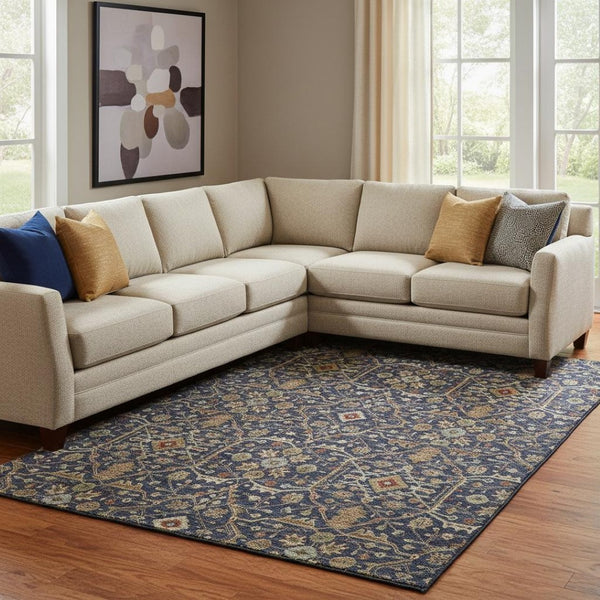 HomeRoots 10' Navy Blue Gold & Copper Oriental Area Rug - Washable, Stain-Resistant with UV Protection! 685480
