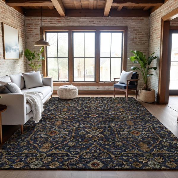 HomeRoots 10' Navy Blue Gold & Copper Oriental Area Rug - Washable, Stain-Resistant with UV Protection! 685480