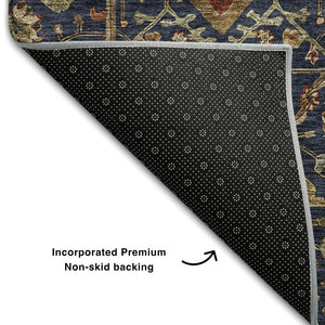HomeRoots 10' Navy Blue Gold & Copper Oriental Area Rug - Washable, Stain-Resistant with UV Protection! 685480