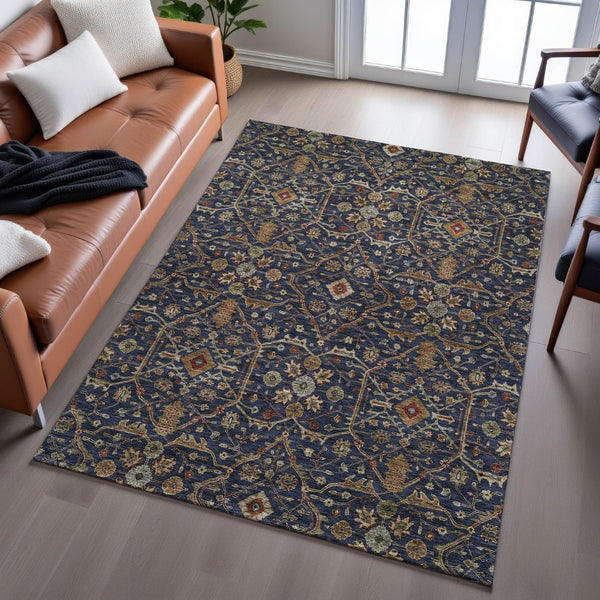 HomeRoots 10' Navy Blue Gold & Copper Oriental Area Rug - Washable, Stain-Resistant with UV Protection! 685480