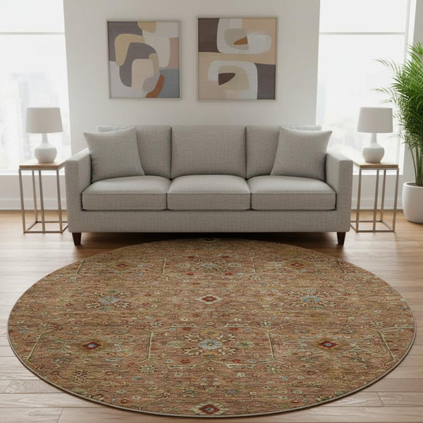 HomeRoots 8' Rust Gold and Blue Oriental Round Rug – Durable, Washable, UV Protected for High-Traffic Spaces! 685486