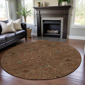 HomeRoots 8' Rust Gold and Blue Oriental Round Rug – Durable, Washable, UV Protected for High-Traffic Spaces! 685486