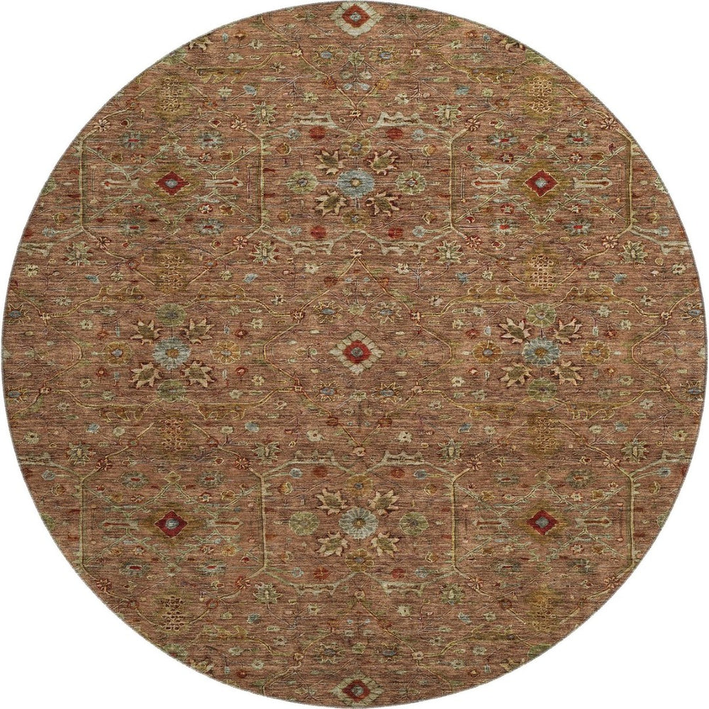HomeRoots 8' Rust Gold and Blue Oriental Round Rug – Durable, Washable, UV Protected for High-Traffic Spaces! 685486