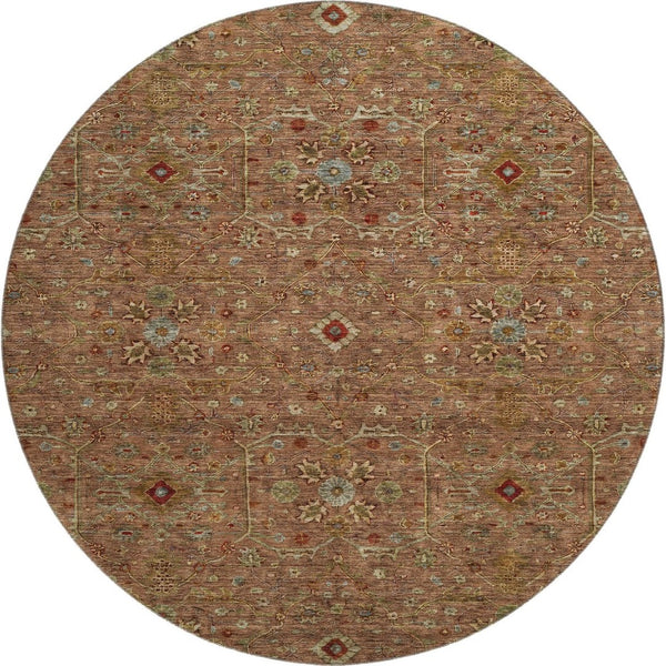 HomeRoots 8' Rust Gold and Blue Oriental Round Rug – Durable, Washable, UV Protected for High-Traffic Spaces! 685486