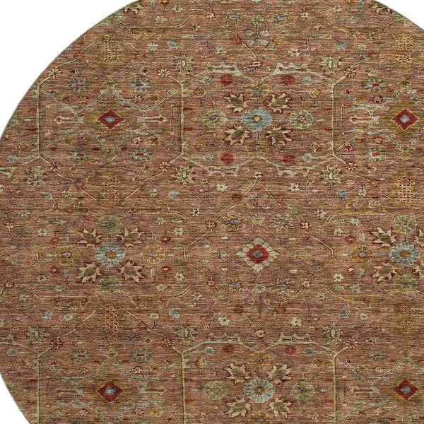 HomeRoots 8' Rust Gold and Blue Oriental Round Rug – Durable, Washable, UV Protected for High-Traffic Spaces! 685486