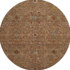 HomeRoots 8' Rust Gold and Blue Oriental Round Rug – Durable, Washable, UV Protected for High-Traffic Spaces! 685486