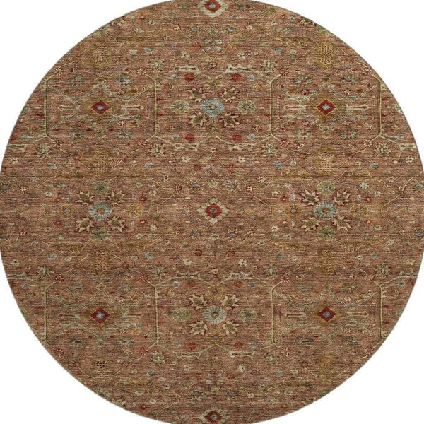 HomeRoots 8' Rust Gold and Blue Oriental Round Rug – Durable, Washable, UV Protected for High-Traffic Spaces! 685486