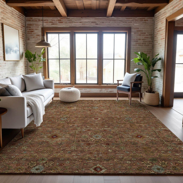 HomeRoots 9' X 12' Elegant Rust Gold & Blue Oriental Area Rug - Durable, Washable, UV Protected for Homes 685490
