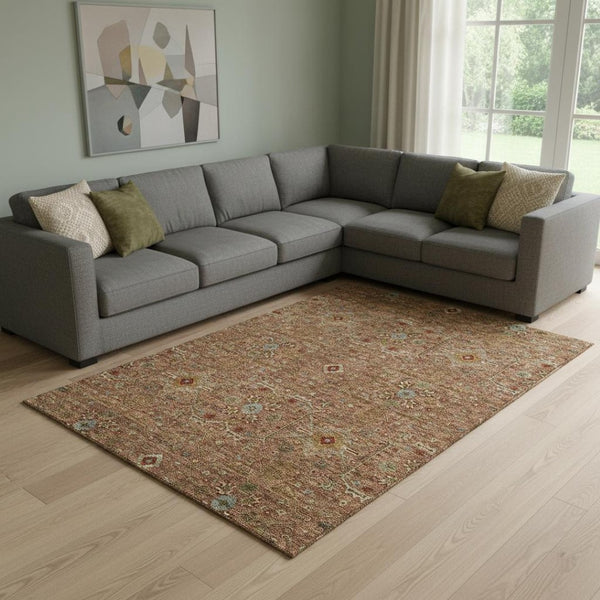 HomeRoots 10' X 14' Rust Gold & Blue Oriental Area Rug - Washable, UV-Resistant, Durable for Everyday Elegance 685492