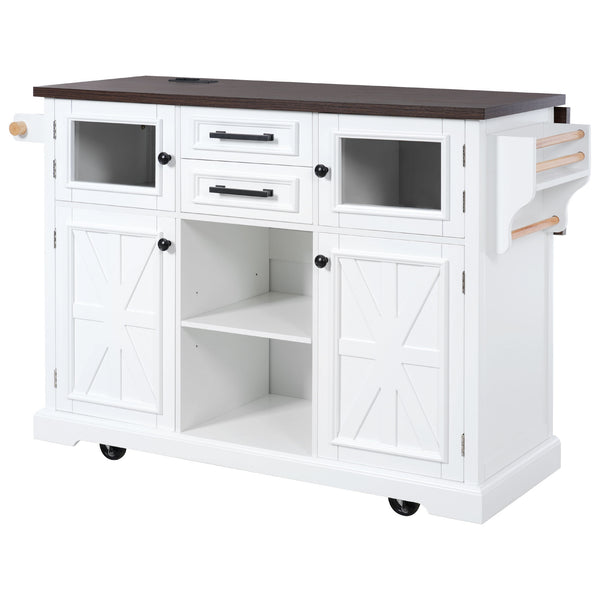English Elm K&K 54.9" Farmhouse Kitchen Island Cart with Drop Leaf, Charging Station, Barn Doors & Glass Pane White N707P300277W