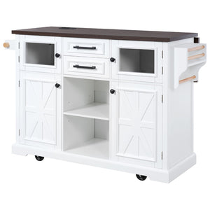 English Elm K&k Farmhouse Rolling Kitchen Island with Barn Doors Power Outlet and Drop Leaf White N707S300277W