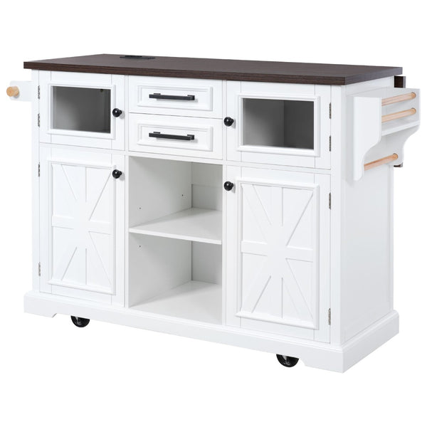 English Elm K&k Farmhouse Rolling Kitchen Island with Barn Doors Power Outlet and Drop Leaf White N707S300277W