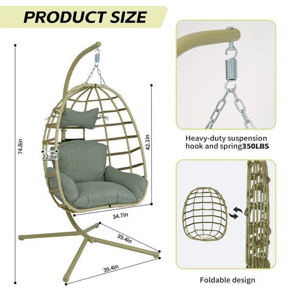 English Elm Egg Hanging Chair with Stand Pe Rattan Swing Seat Washable Cushion Patio Bedroom T5880P497437