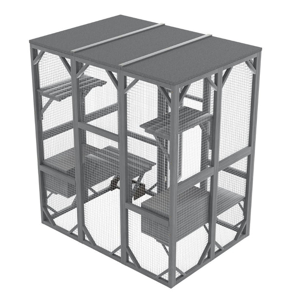 English Elm Outdoor Fir Wood Cat Enclosure Three Tier Six Platform Habitat with Waterproof Roof W1598P390796