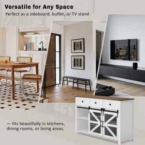 English Elm U_style Industrial Sideboard with Sliding Barn Doors Iron Mesh Panels and Three Drawers White N711P347384K