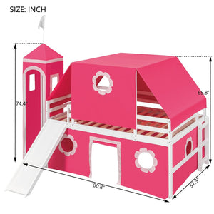 English Elm Full Size Kids Castle Loft Bed with Slide Tent Tower Pinewood Play Zone LT000772AAH-2