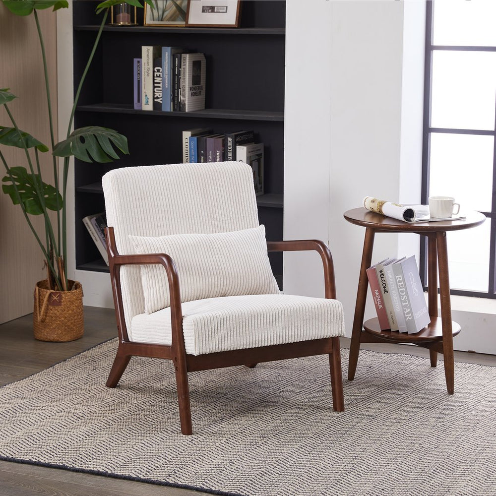 English Elm Mid-Century Beige Accent Chair Upholstered Armchair with Pillow, Solid Wood Frame, Ergonomic Comfort W2989P295373