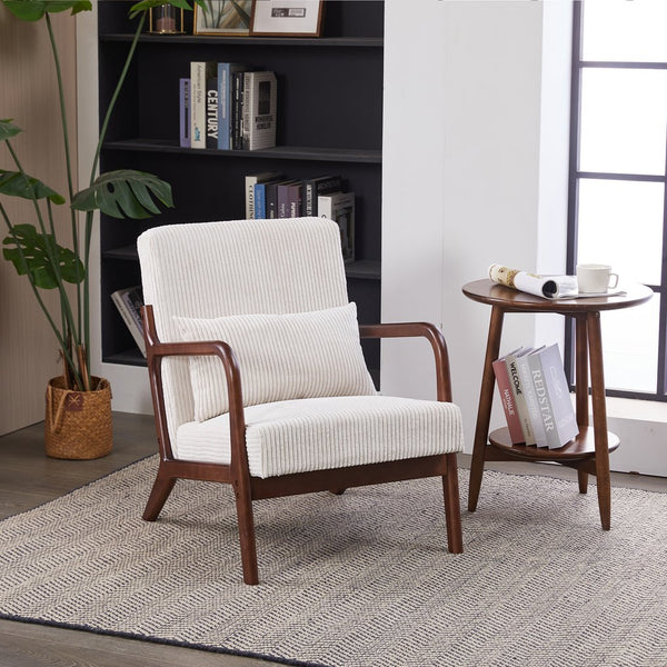 English Elm Mid-Century Beige Accent Chair Upholstered Armchair with Pillow, Solid Wood Frame, Ergonomic Comfort W2989P295373
