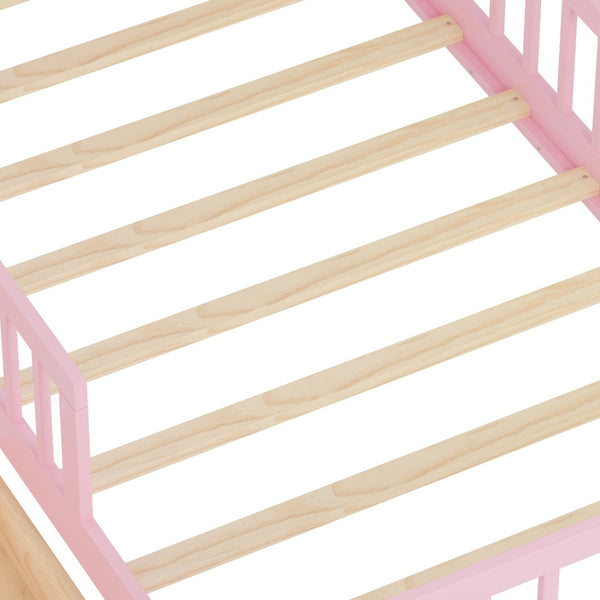 English Elm Twin Size Bed With Pink Finish, Headboard Storage, Under-Bed Drawers & Guardrails For Kids' Safety N733P272374H-GIGA