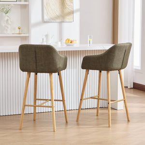 English Elm Modern Linen Upholstered Barstools with Oak Legs Armrests and Footrest for Kitchen Islands Green W395P396315