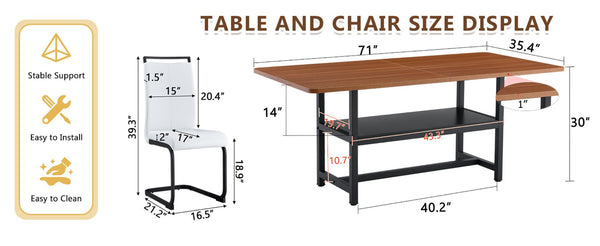 English Elm Table And Chair Set - 71" Walnut Grain Dining Table With 8 White Pu Chairs & Black Metal Legs W1151S04277-GIGA