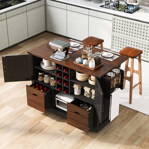 English Elm K&K 54" Farmhouse Kitchen Island Cart with Drop Leaf, Wine Rack, Power Outlet and Rolling Storage Black N707P349814B