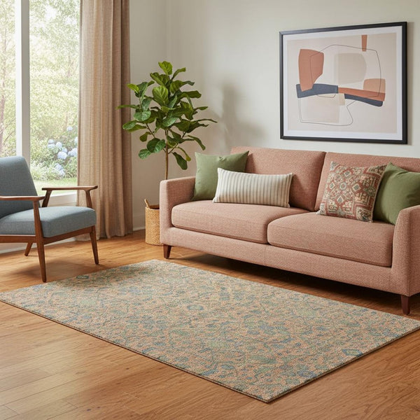 HomeRoots 5' X 8' Coral Denim Blue & Green Washable Oriental Area Rug - UV Protection, Stain Resistant, Durable 685966