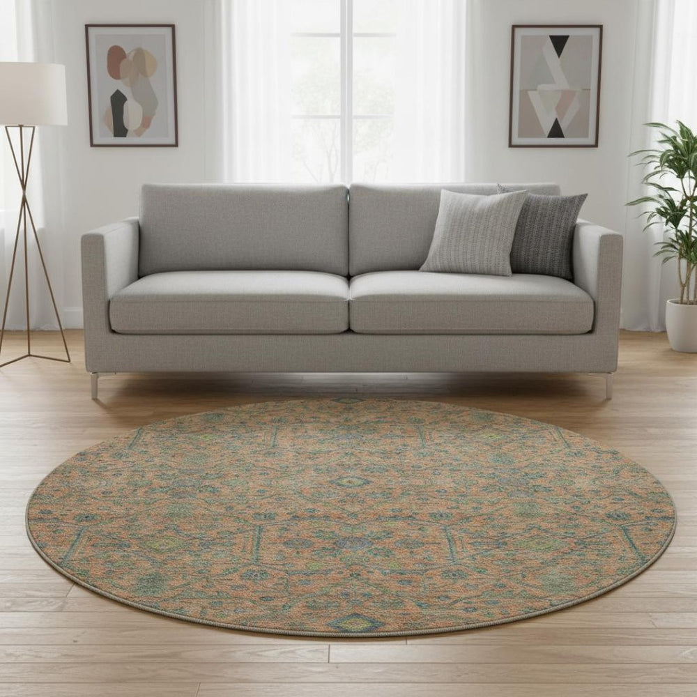 HomeRoots 8' Coral Denim Blue and Green Round Rug - UV Protected, Stain Resistant, Perfect for Family Spaces! 685967