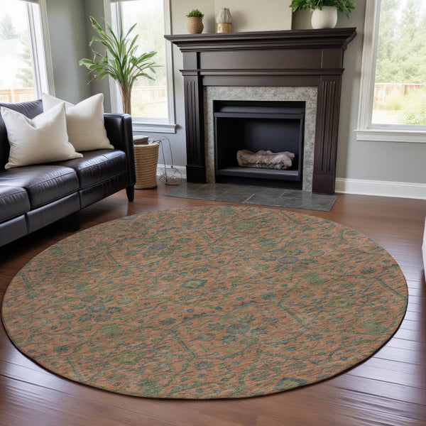 HomeRoots 8' Coral Denim Blue and Green Round Rug - UV Protected, Stain Resistant, Perfect for Family Spaces! 685967