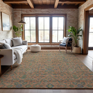 HomeRoots 10' X 14' Coral Denim Blue & Green Washable Area Rug with UV Protection for Stylish Living Spaces 685970
