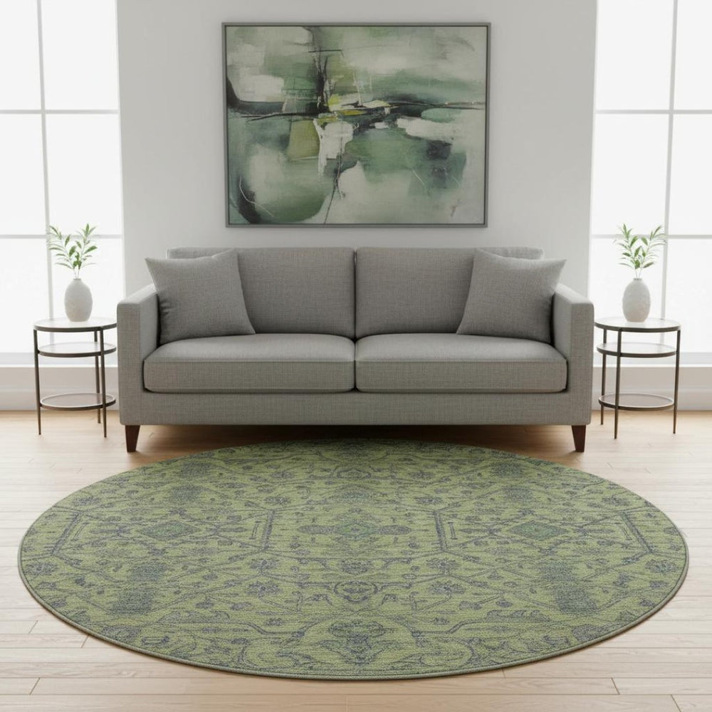 HomeRoots 8' Vibrant Lime Green & Gray Oriental Round Rug - Washable, UV-Protected, Durable for Homes 685973
