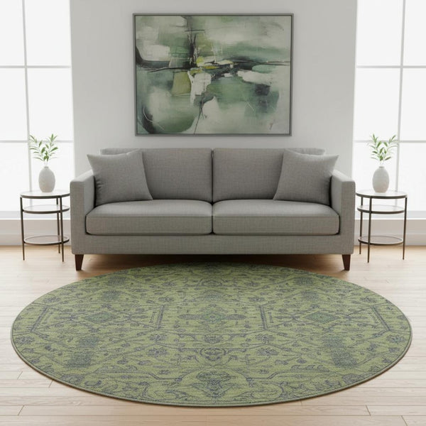 HomeRoots 8' Vibrant Lime Green & Gray Oriental Round Rug - Washable, UV-Protected, Durable for Homes 685973