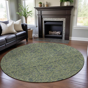 HomeRoots 8' Vibrant Lime Green & Gray Oriental Round Rug - Washable, UV-Protected, Durable for Homes 685973