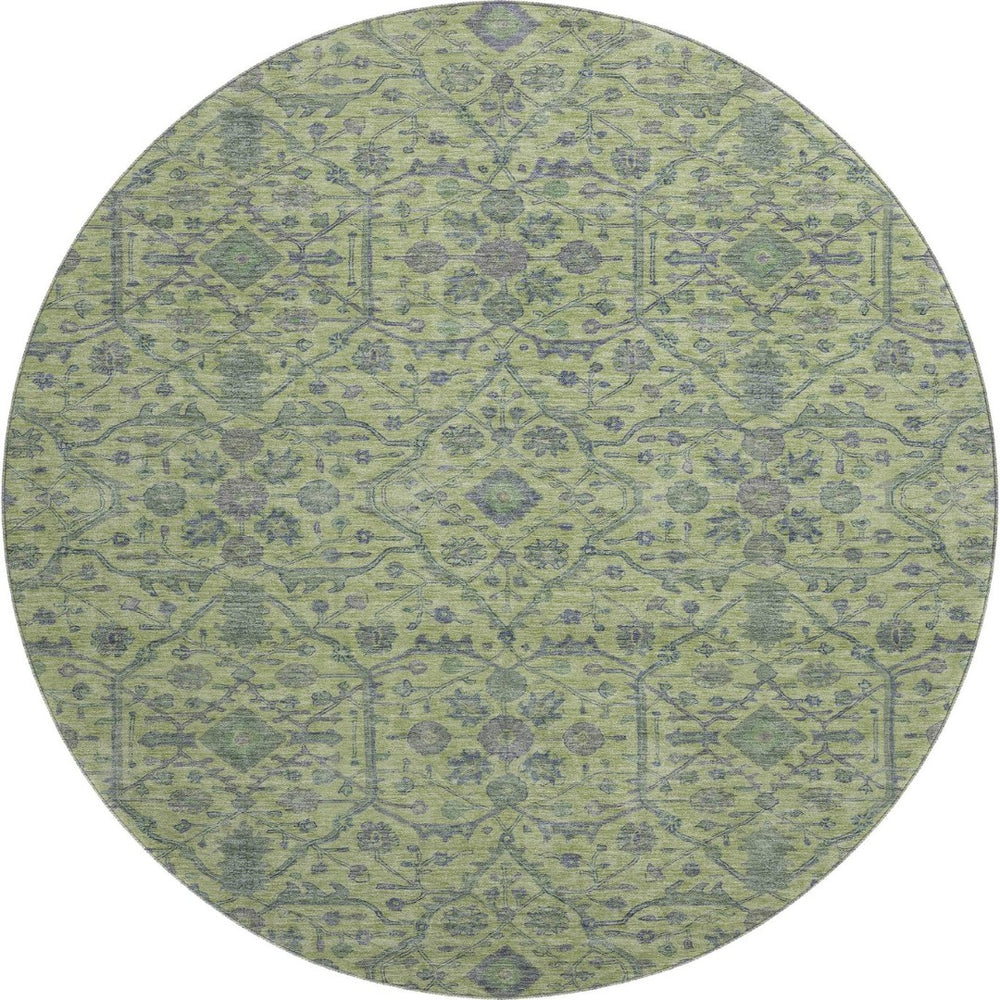 HomeRoots 8' Vibrant Lime Green & Gray Oriental Round Rug - Washable, UV-Protected, Durable for Homes 685973