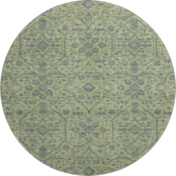 HomeRoots 8' Vibrant Lime Green & Gray Oriental Round Rug - Washable, UV-Protected, Durable for Homes 685973