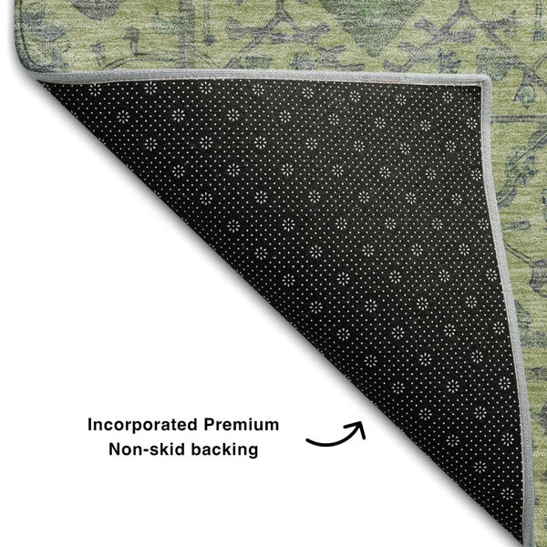 HomeRoots 8' Vibrant Lime Green & Gray Oriental Round Rug - Washable, UV-Protected, Durable for Homes 685973