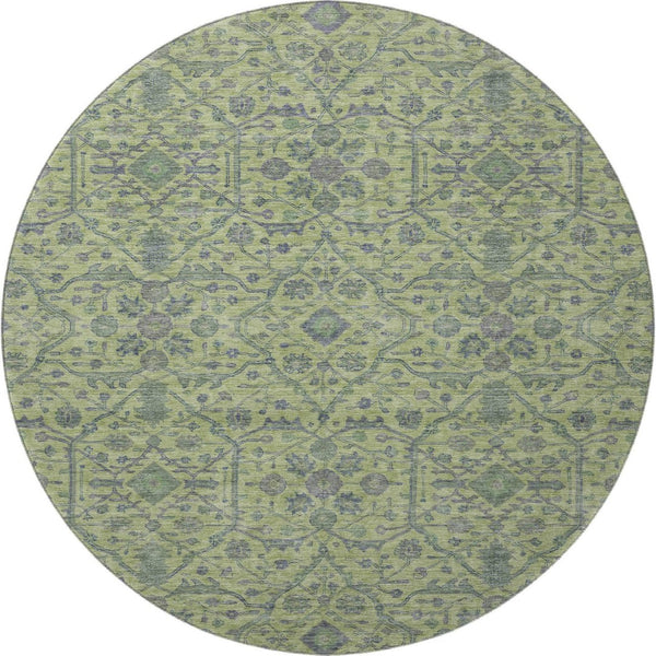 HomeRoots 8' Vibrant Lime Green & Gray Oriental Round Rug - Washable, UV-Protected, Durable for Homes 685973