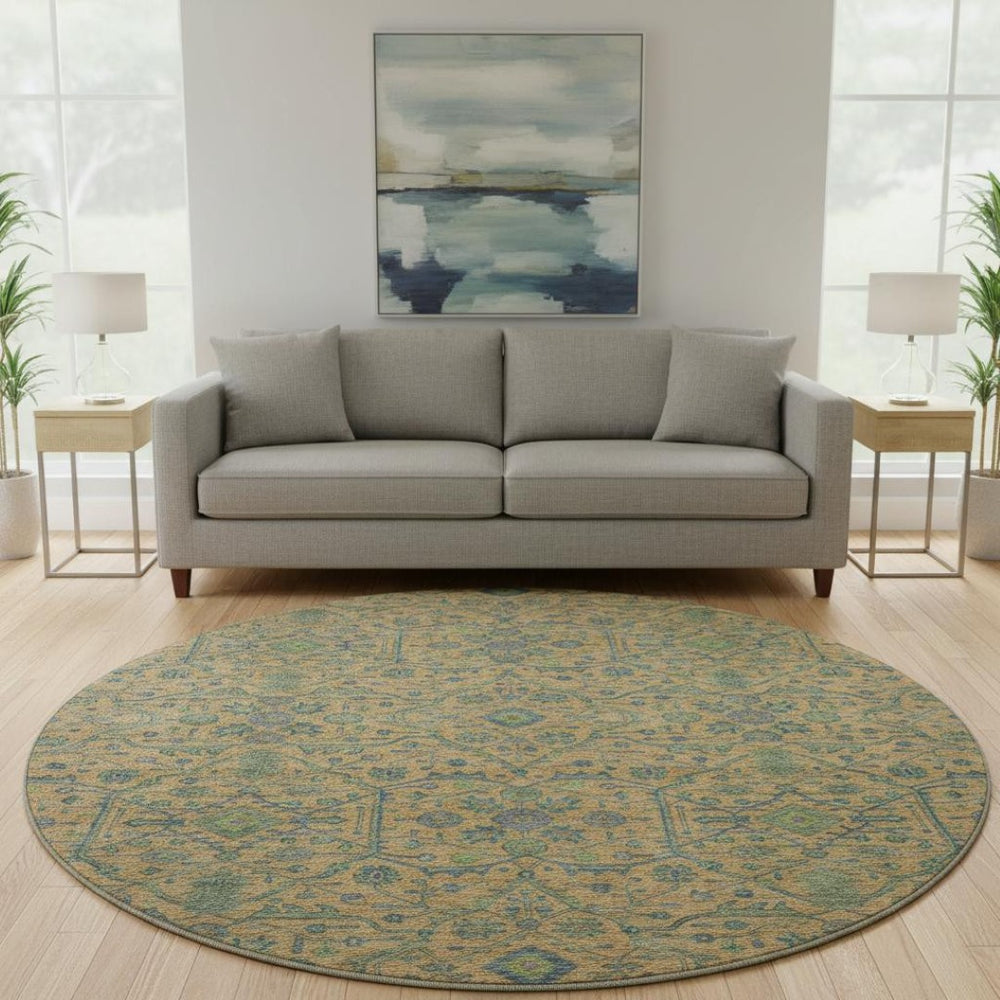 HomeRoots 8' Vibrant Orange, Blue & Green Oriental Round Rug - Washable, UV-Protected & Perfect for High-Traffic Areas 685979