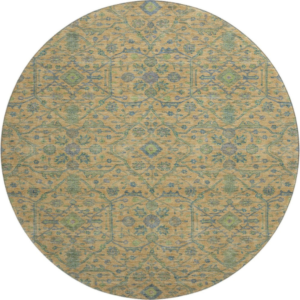 HomeRoots 8' Vibrant Orange, Blue & Green Oriental Round Rug - Washable, UV-Protected & Perfect for High-Traffic Areas 685979
