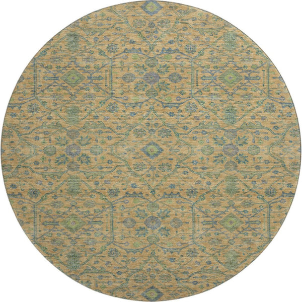 HomeRoots 8' Vibrant Orange, Blue & Green Oriental Round Rug - Washable, UV-Protected & Perfect for High-Traffic Areas 685979
