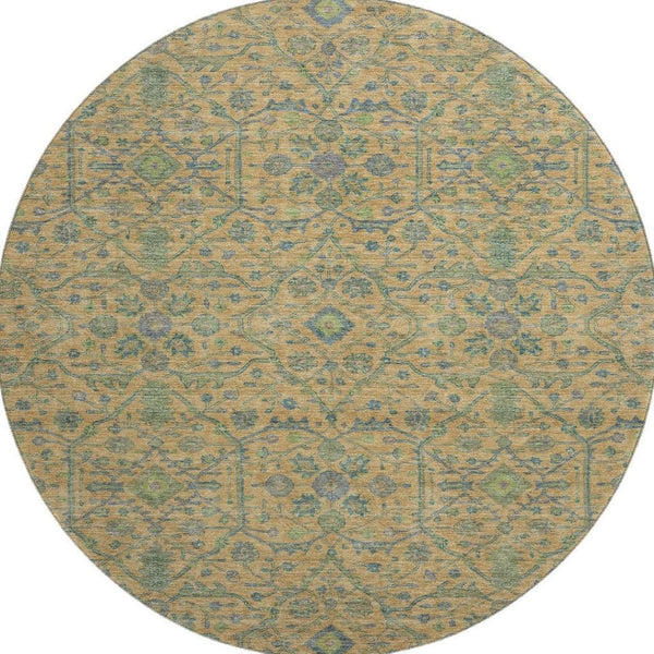 HomeRoots 8' Vibrant Orange, Blue & Green Oriental Round Rug - Washable, UV-Protected & Perfect for High-Traffic Areas 685979