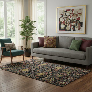 HomeRoots 5' X 8' Washable Black Gold Teal Red Floral Area Rug with UV Protection for Stylish Living Spaces 685984