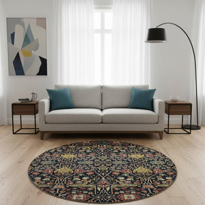 HomeRoots 8' Floral Washable Round Rug in Black, Gold, Teal & Red - UV Protected, Stain Resistant, Durable Design 685985