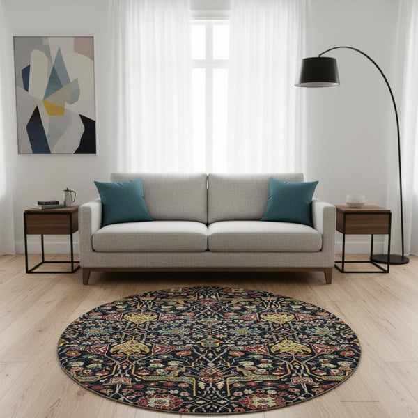 HomeRoots 8' Floral Washable Round Rug in Black, Gold, Teal & Red - UV Protected, Stain Resistant, Durable Design 685985