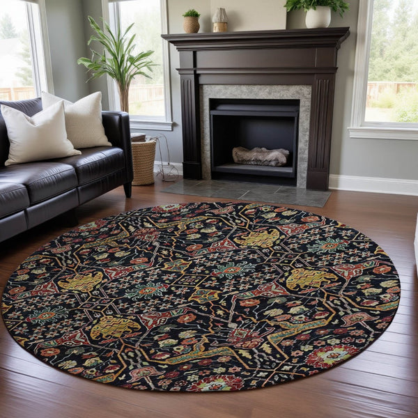 HomeRoots 8' Floral Washable Round Rug in Black, Gold, Teal & Red - UV Protected, Stain Resistant, Durable Design 685985