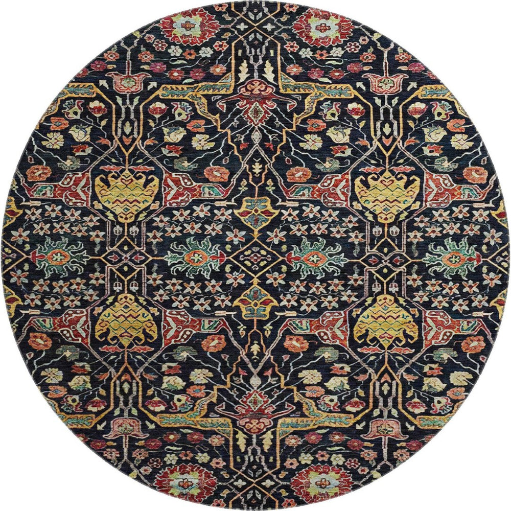 HomeRoots 8' Floral Washable Round Rug in Black, Gold, Teal & Red - UV Protected, Stain Resistant, Durable Design 685985