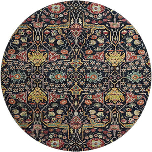 HomeRoots 8' Floral Washable Round Rug in Black, Gold, Teal & Red - UV Protected, Stain Resistant, Durable Design 685985